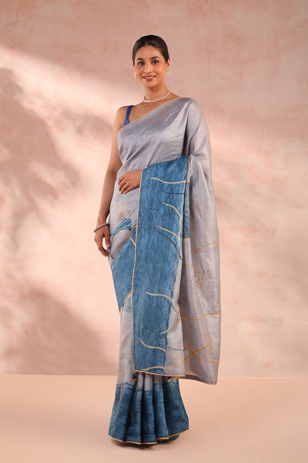 Blue Hand Painted Pure Tussar Silk Saree image number null