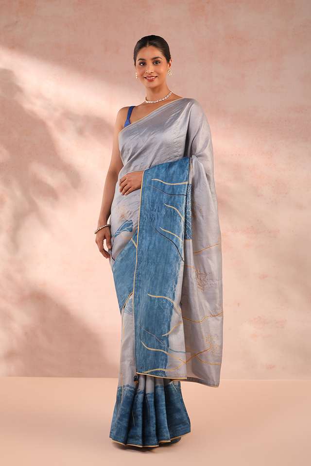 Blue Hand Painted Pure Tussar Silk Saree image number
