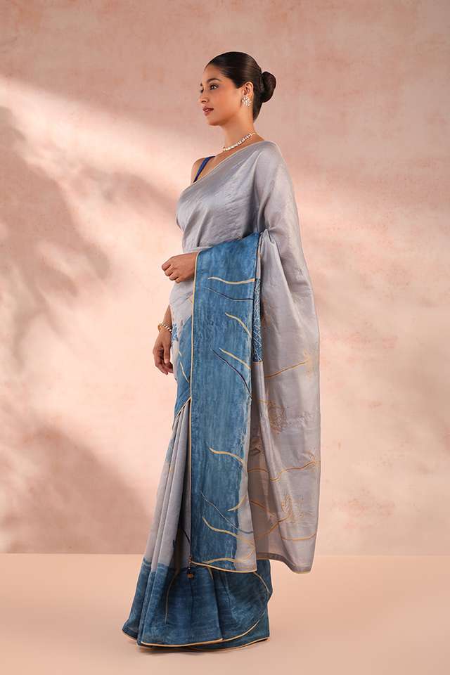 Blue Hand Painted Pure Tussar Silk Saree thumbnail image number null
