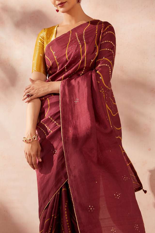 Maroon Pure Silk Hand Painted Saree thumbnail image number null