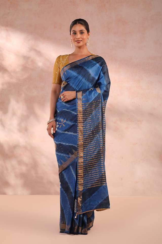 Blue Pure Tussar Silk Tie and Dye Saree image number