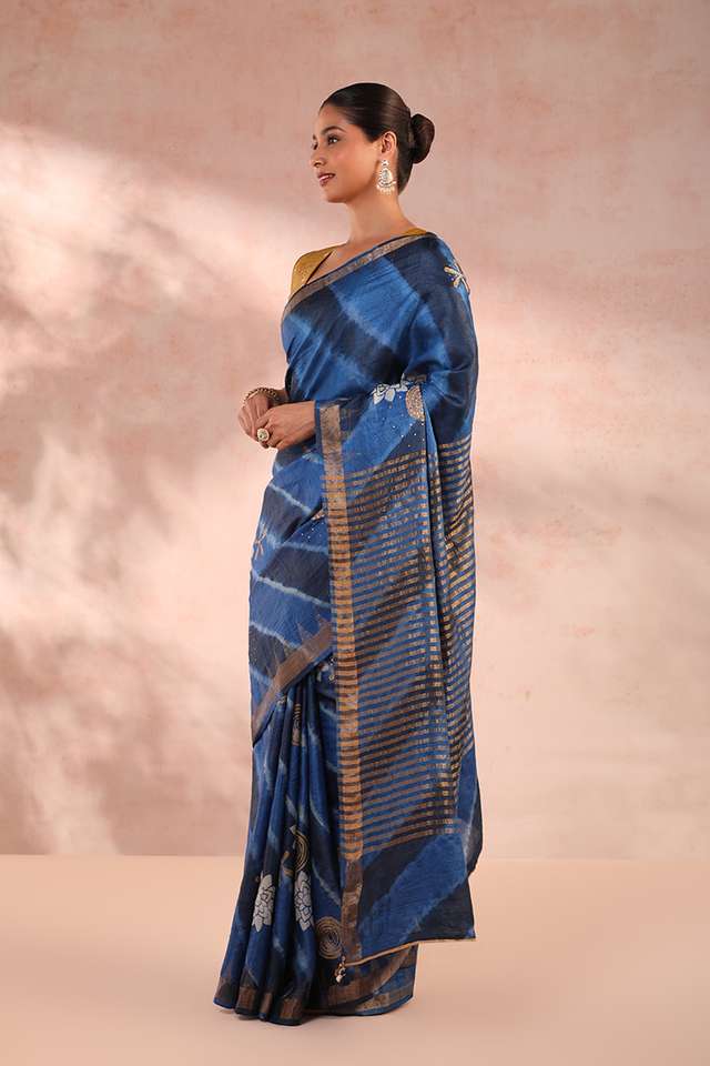 Blue Pure Tussar Silk Tie and Dye Saree thumbnail image number null