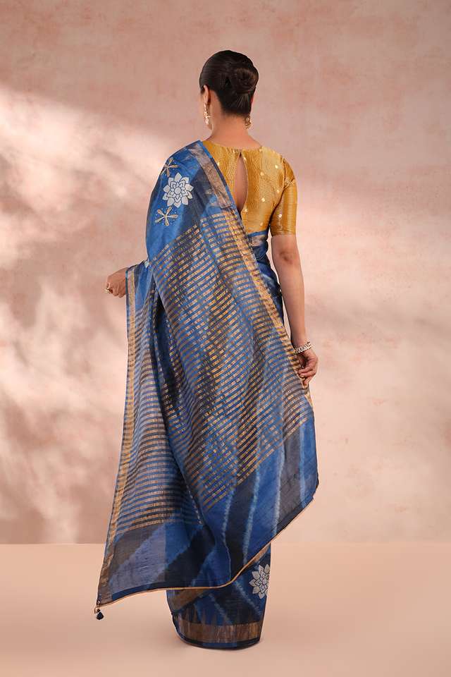 Blue Pure Tussar Silk Tie and Dye Saree thumbnail image number null