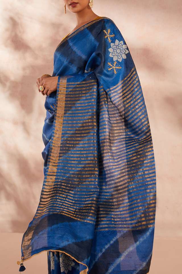 Blue Pure Tussar Silk Tie and Dye Saree thumbnail image number null