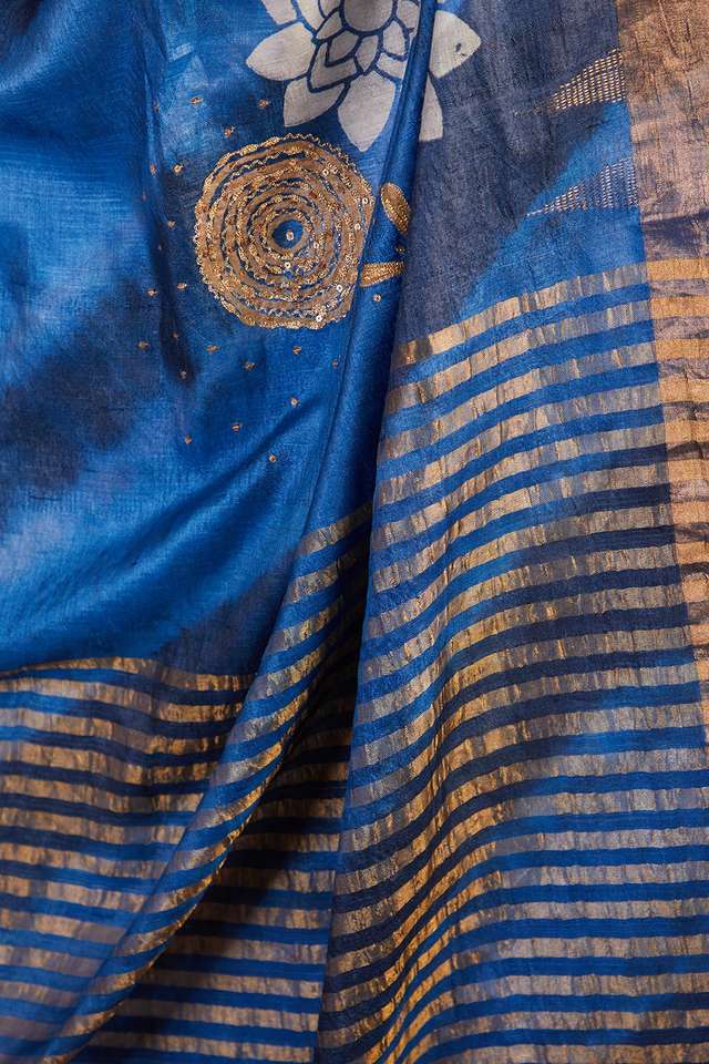 Blue Pure Tussar Silk Tie and Dye Saree thumbnail image number null