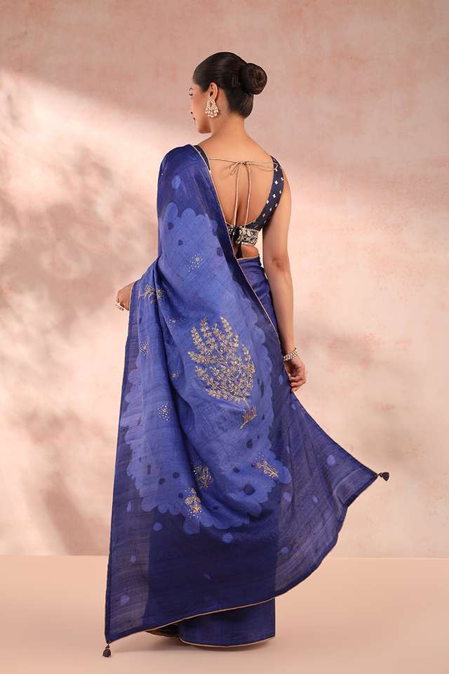 Blue Hand Painted Pure Tussar Silk Saree thumbnail image number null