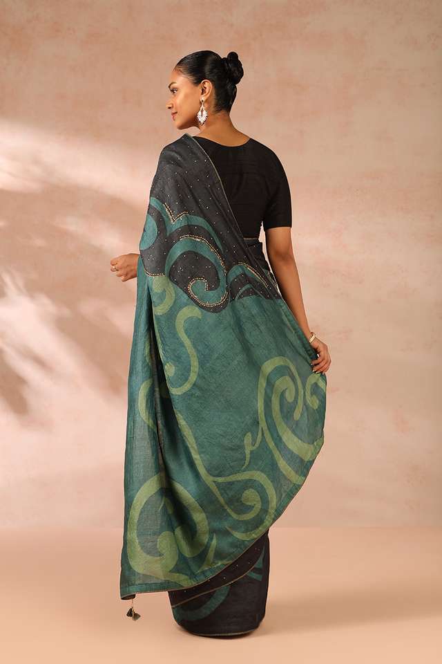 Green Pure Tussar Silk Hand Painted Saree thumbnail image number null