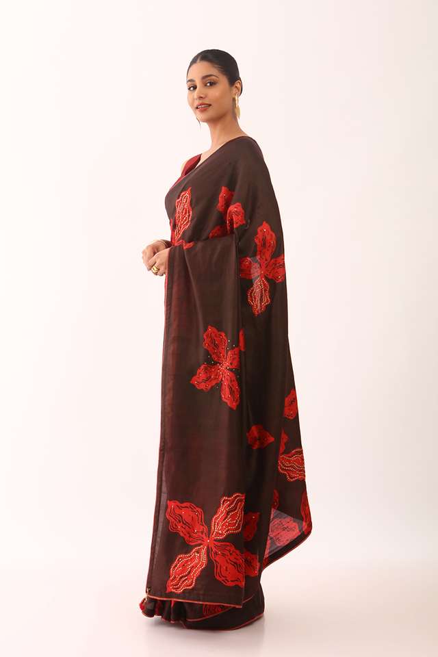 Brown Pure Silk Hand Painted Saree thumbnail image number null