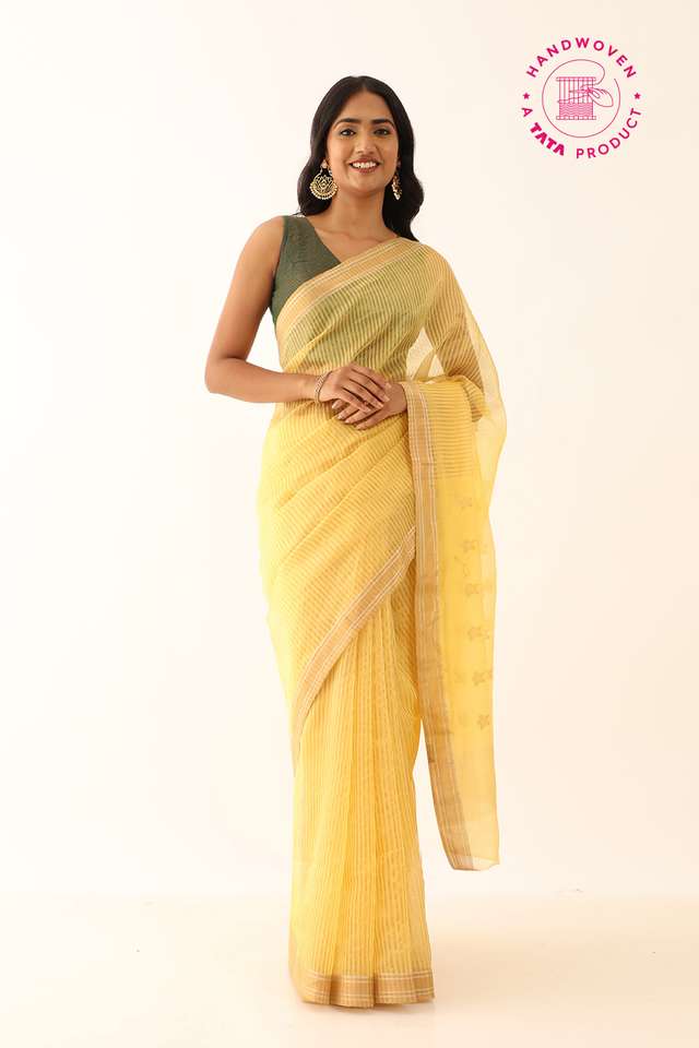 Yellow Pure Silk Tissue Woven Chanderi Saree image number