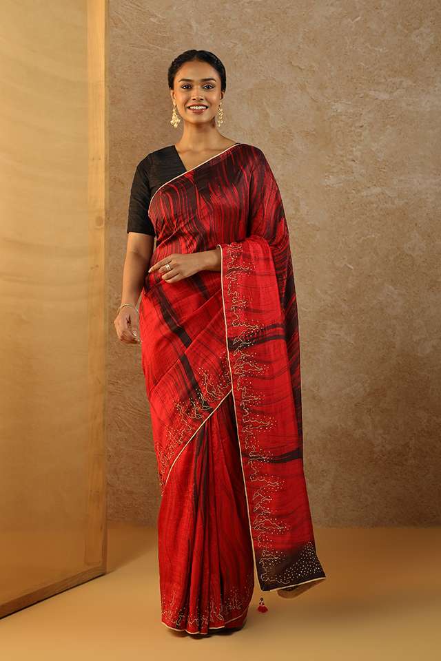 Red Hand Painted Tussar Saree image number