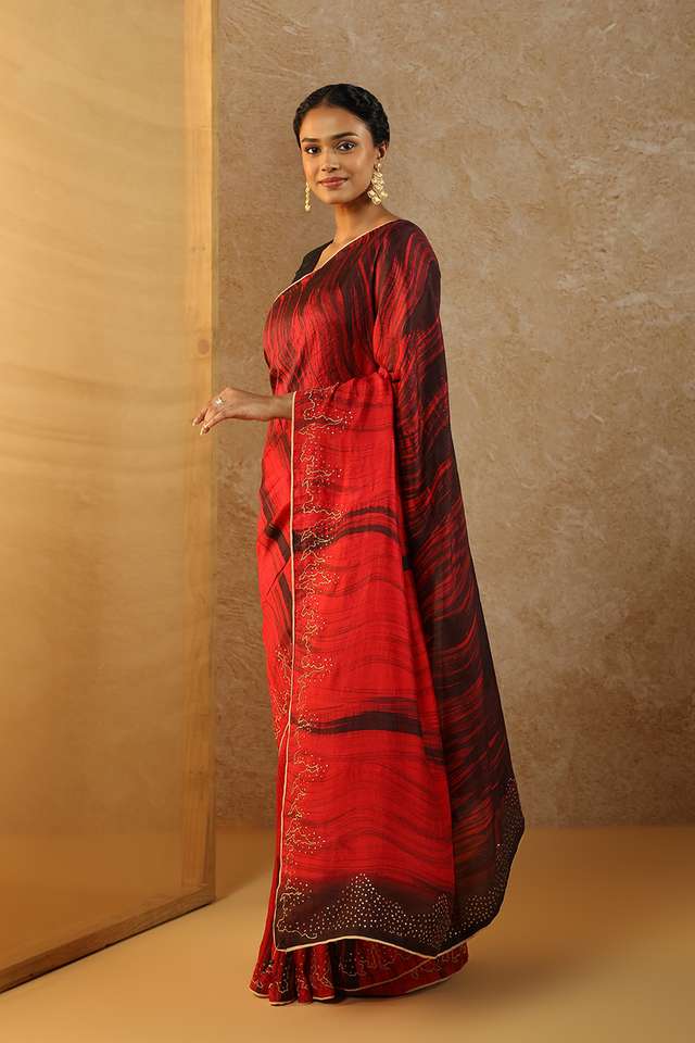Red Hand Painted Tussar Saree thumbnail image number null
