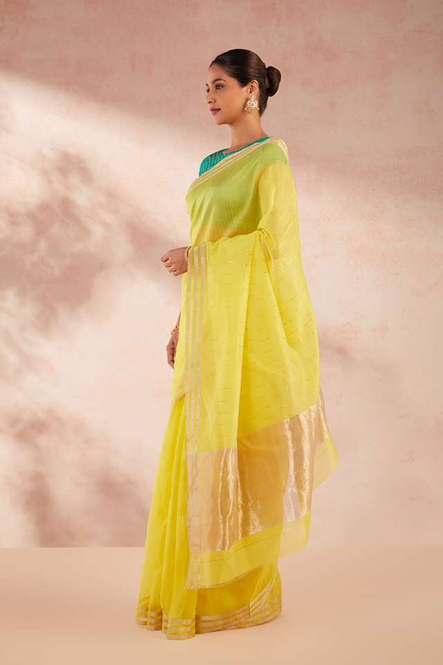 Yellow Woven Pure Silk Cotton Chanderi Saree image number