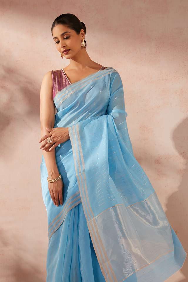 Blue Woven Pure Silk Cotton Chanderi Saree thumbnail image number null