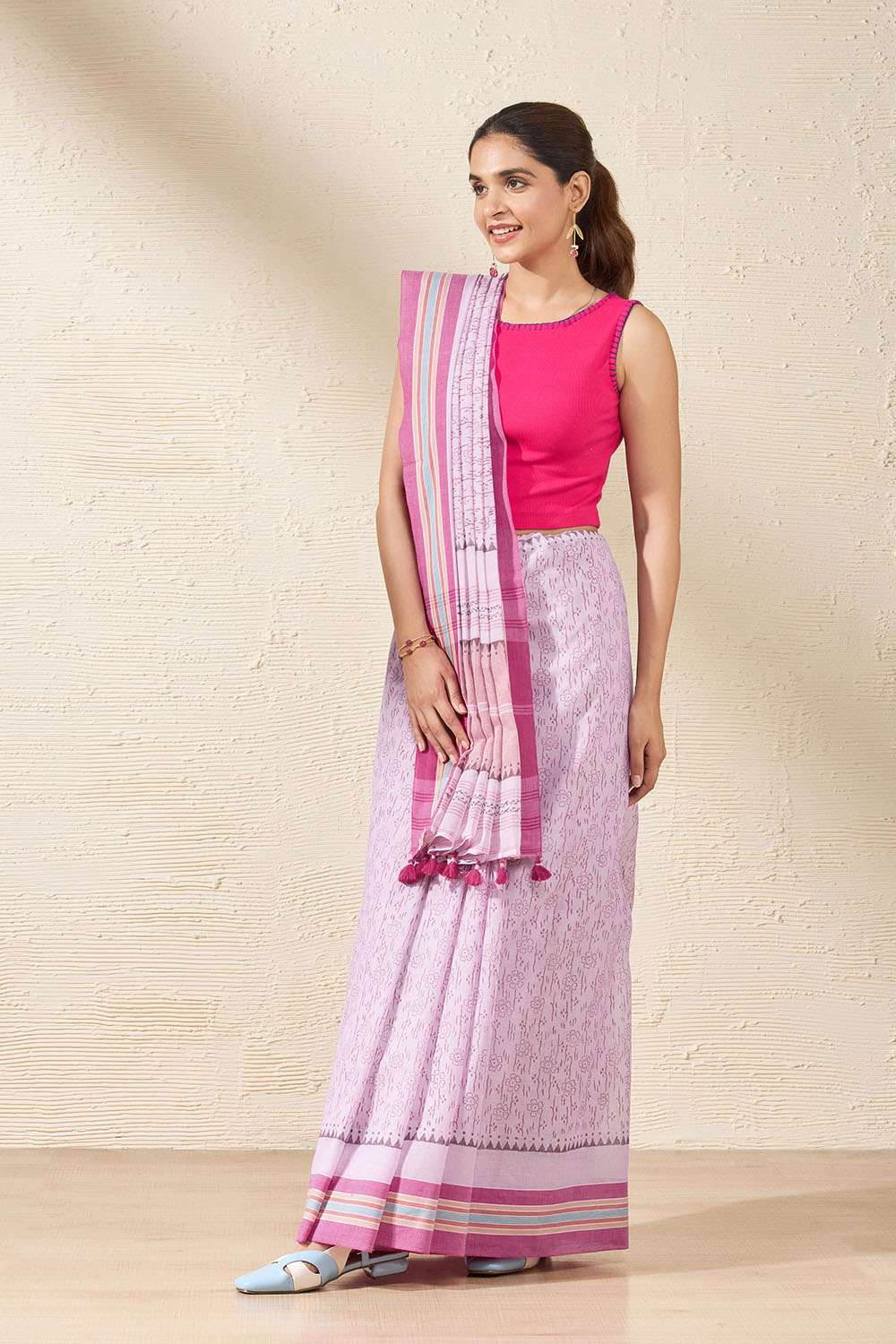 Pink Pure Cotton Block Printed Bengal Saree image number null