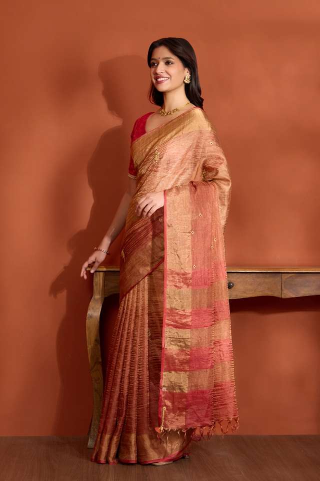 Dark Orange Pure Silk Tissue Embroidered Saree thumbnail image number null