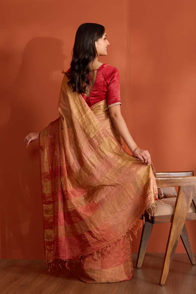 Dark Orange Pure Silk Tissue Embroidered Saree thumbnail image number null