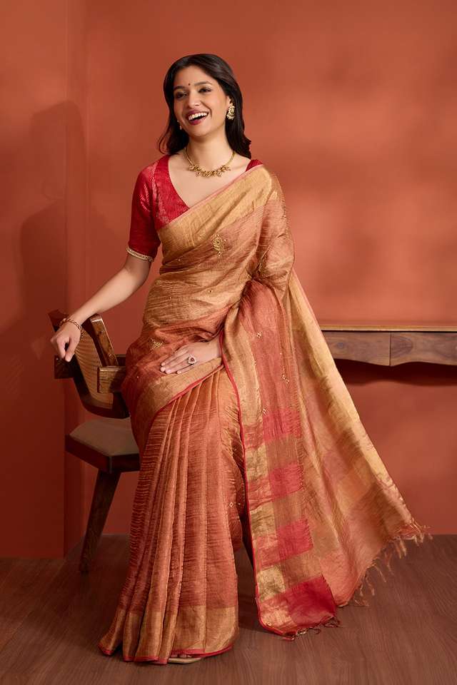 Dark Orange Pure Silk Tissue Embroidered Saree thumbnail image number null