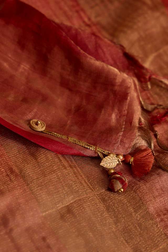 Dark Orange Pure Silk Tissue Embroidered Saree thumbnail image number null