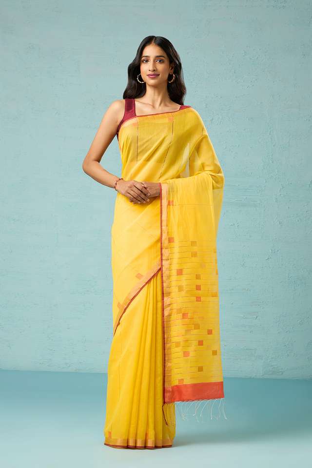 Yellow Bengal Pure Silk Cotton Jamdani Saree image number