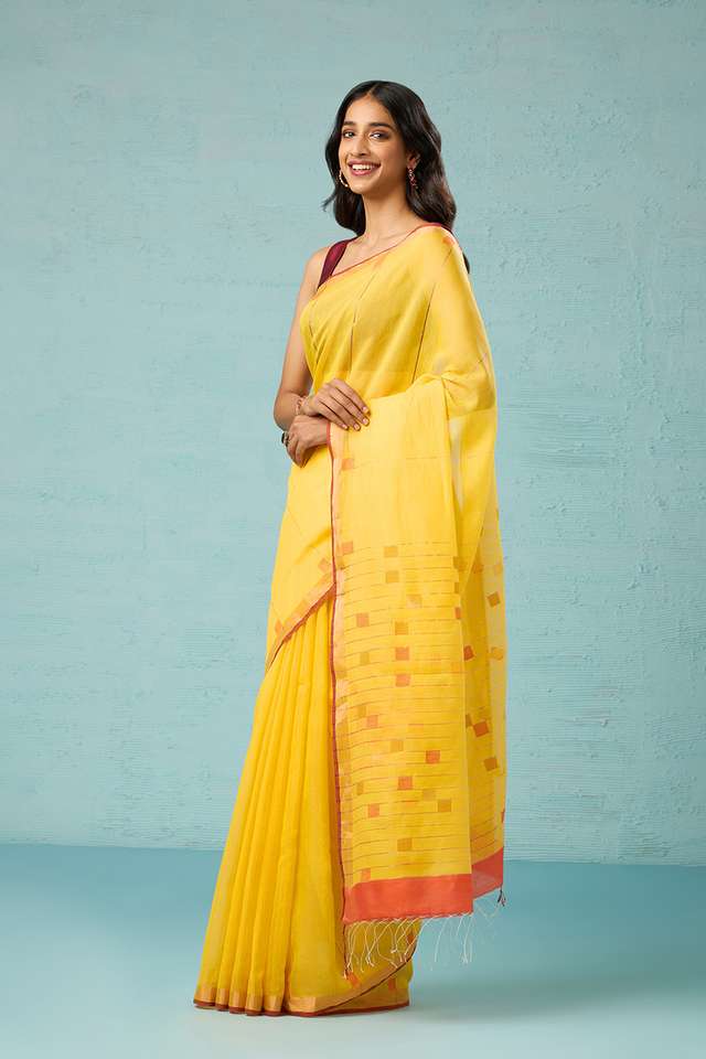 Yellow Bengal Pure Silk Cotton Jamdani Saree thumbnail image number null