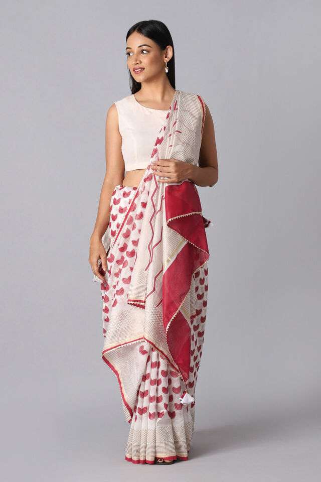 Off White and Red Pure Silk Cotton Hand Printed Saree thumbnail image number null