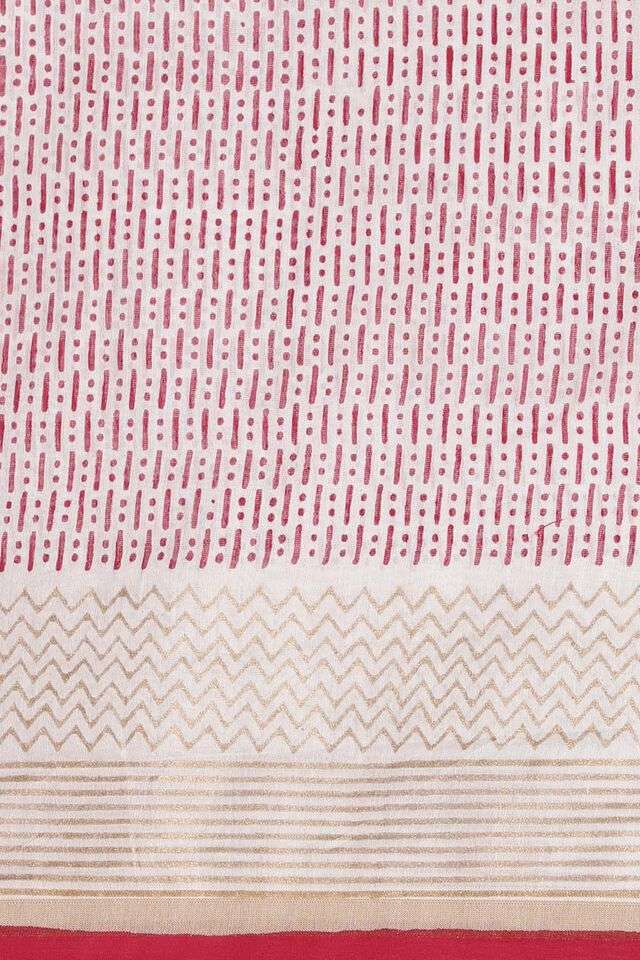 Off White and Red Pure Silk Cotton Hand Printed Saree thumbnail image number null