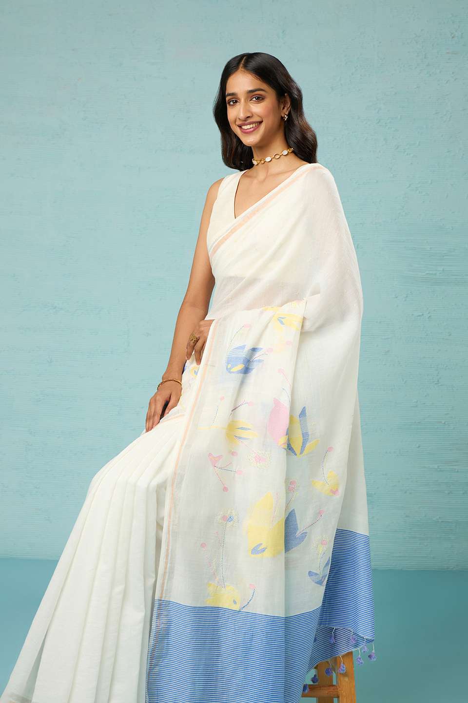 Off White Bengal Pure Silk Cotton Jamdani Saree
