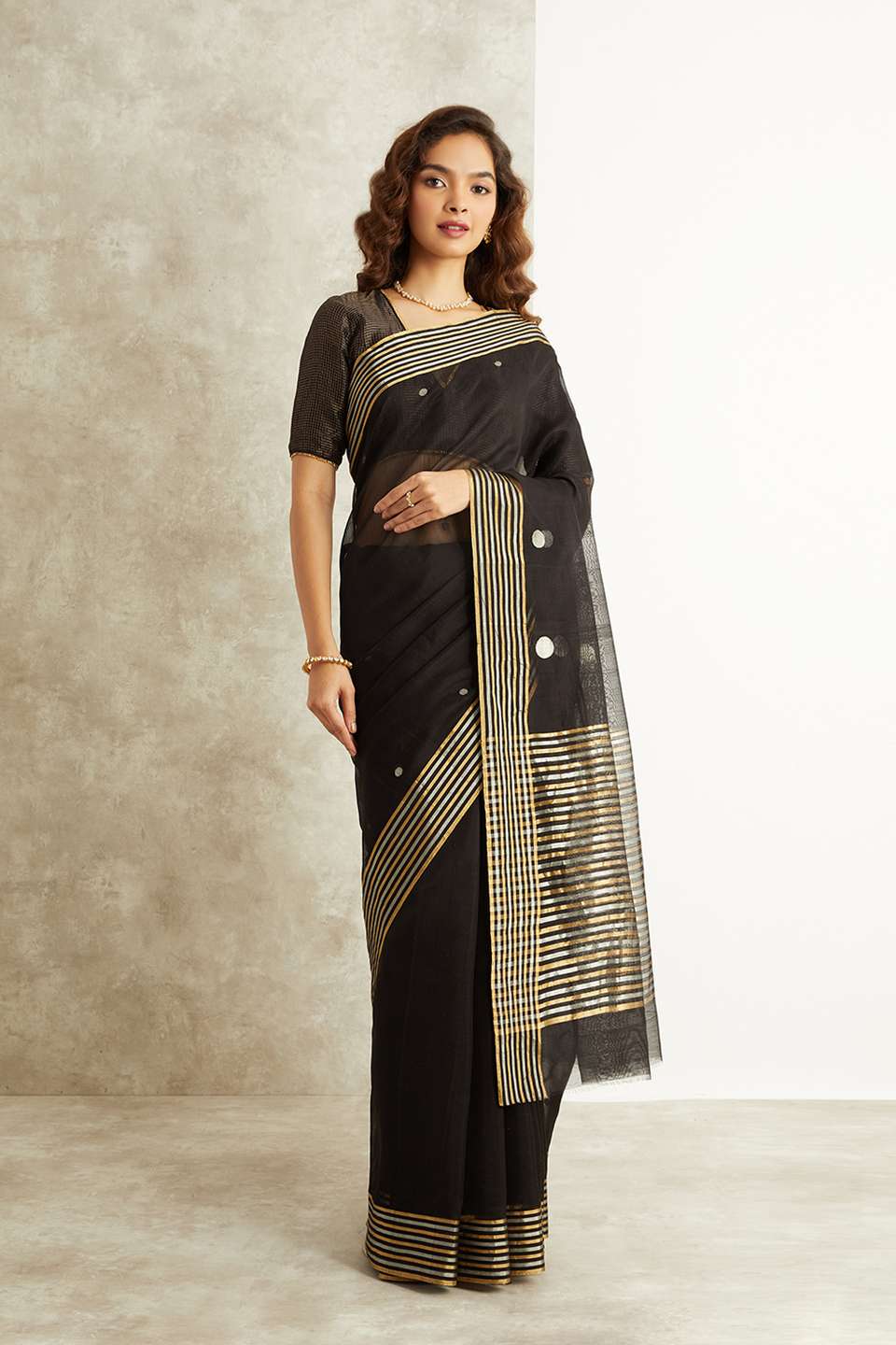 Black Pure Silk Cotton Eknaliya Chanderi Saree