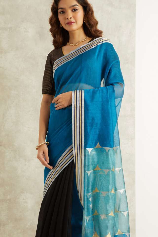 Blue Pure Silk Cotton Eknaliya Chanderi Saree thumbnail image number null
