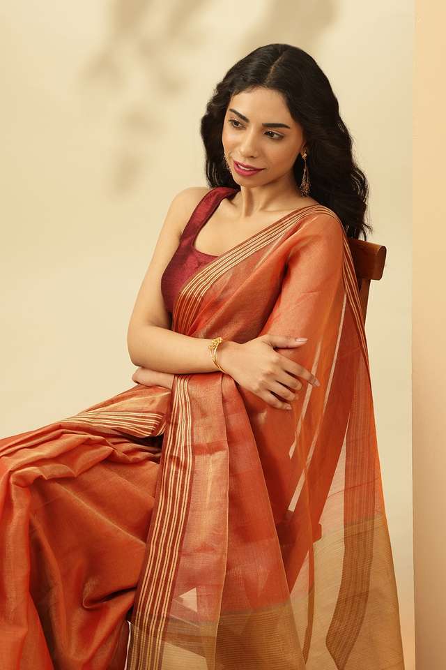 Red Woven Pure Tissue Cotton Chanderi Saree thumbnail image number null