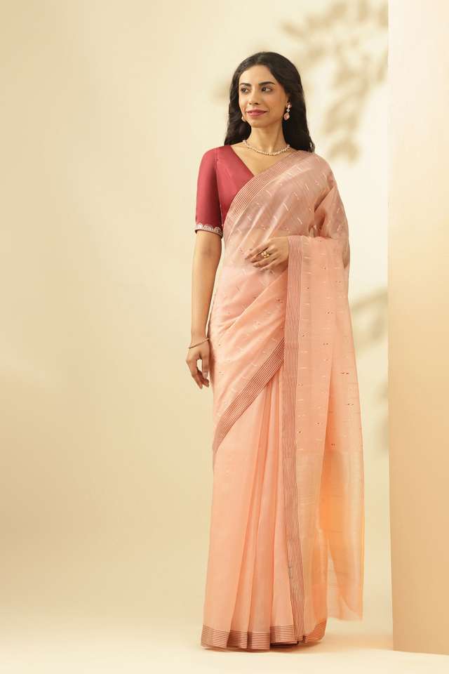 Peach Woven Pure Silk Cotton Chanderi Saree image number