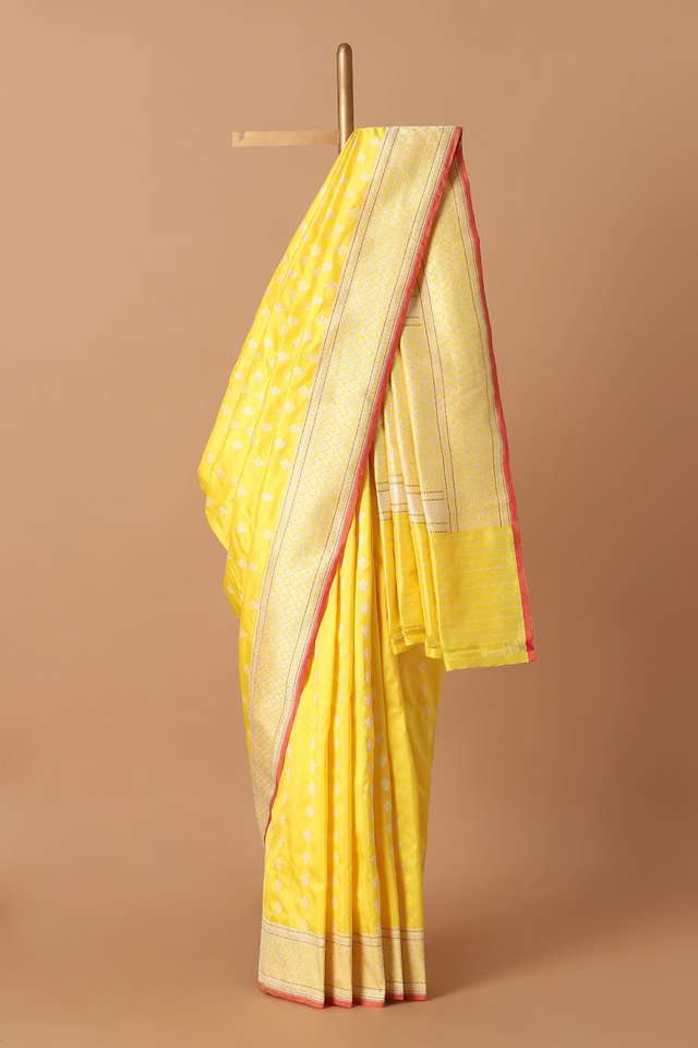Yellow Pure Silk Banarasi Saree image number