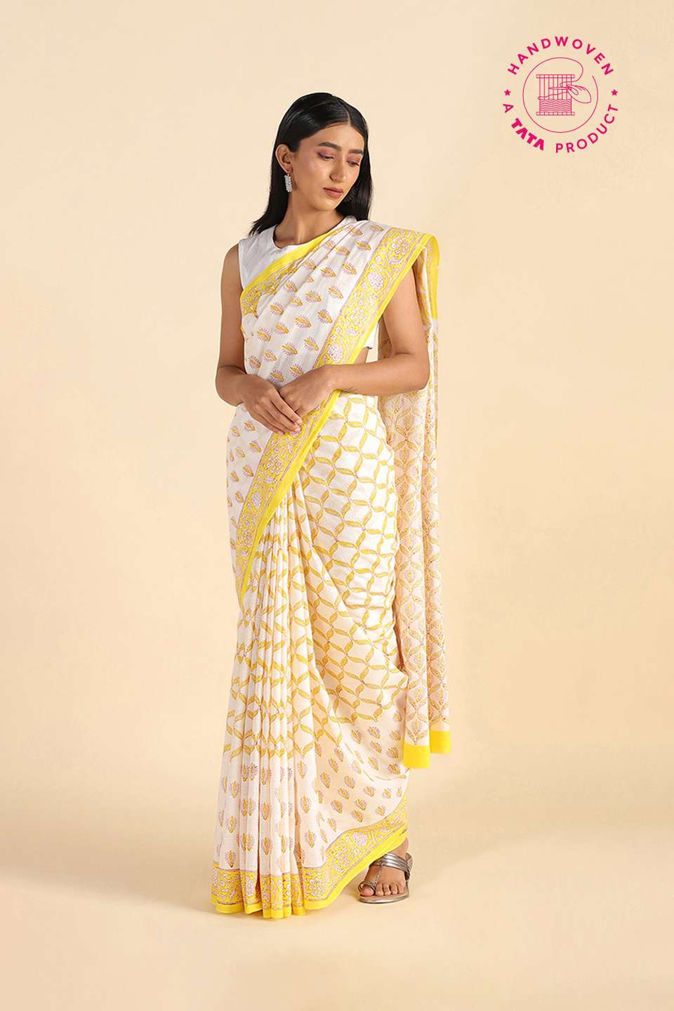 Light Yellow Pure Khadi Cotton Block Print Sanganeri Saree