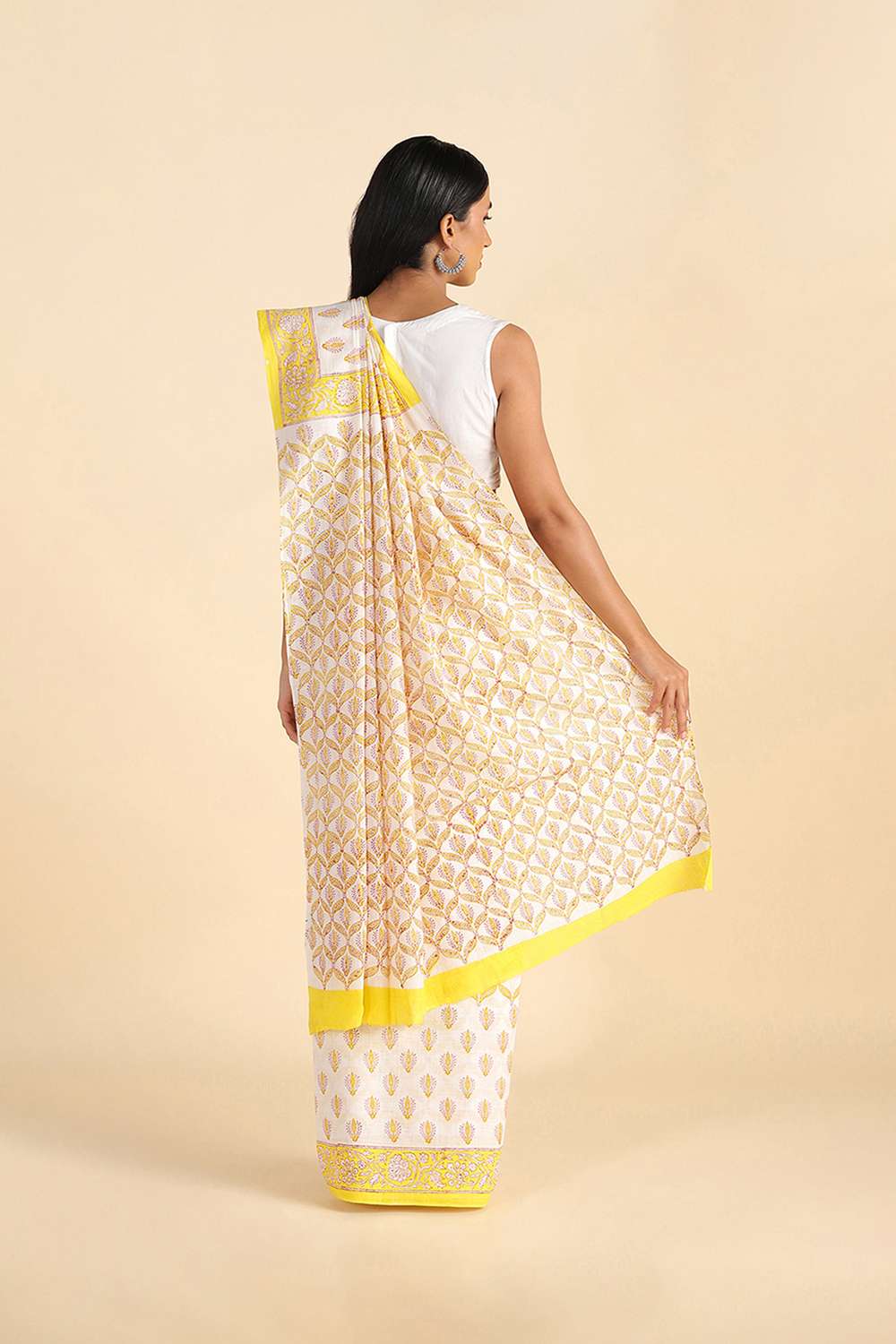Light Yellow Pure Khadi Cotton Block Print Sanganeri Saree image number null