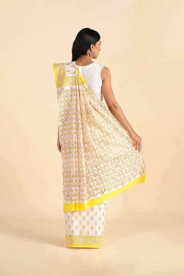 Light Yellow Pure Khadi Cotton Block Print Sanganeri Saree thumbnail image number null