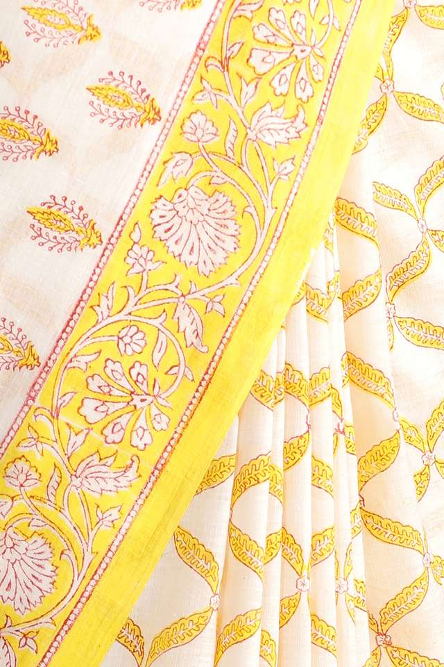 Light Yellow Pure Khadi Cotton Block Print Sanganeri Saree thumbnail image number null