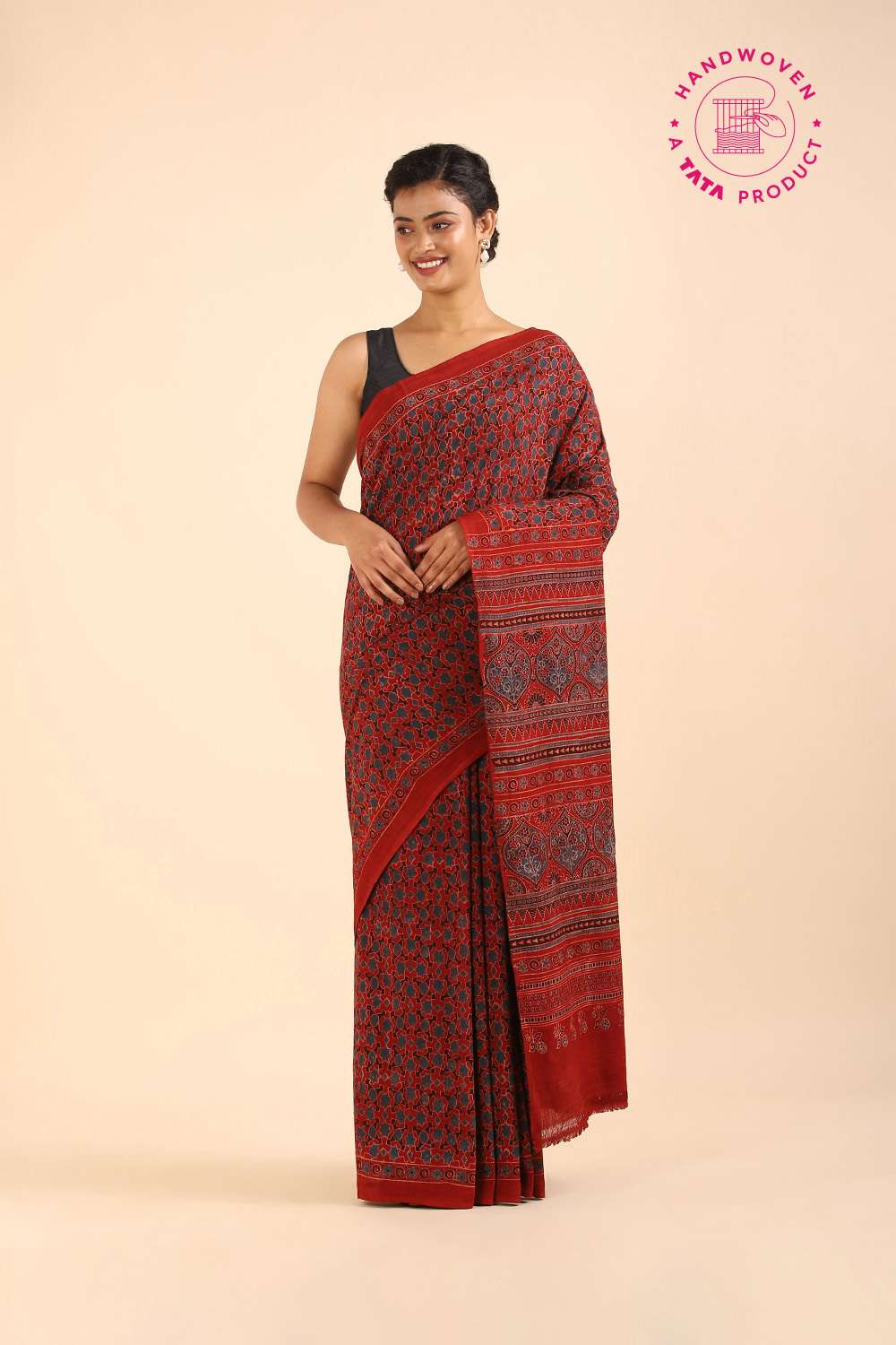 Red Pure Khadi Cotton Ajrakh Printed Saree image number null