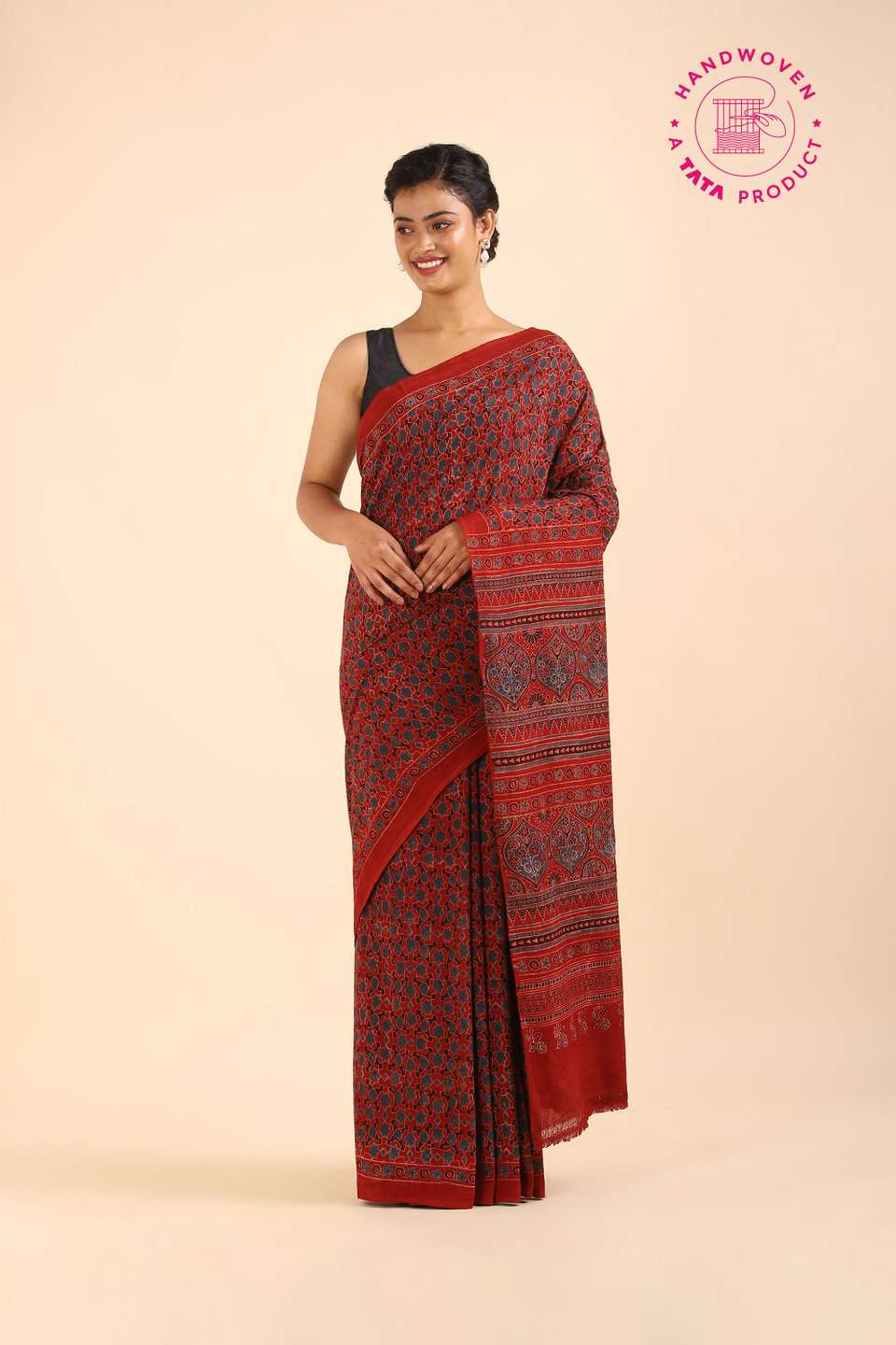 Red Pure Khadi Cotton Ajrakh Printed Saree