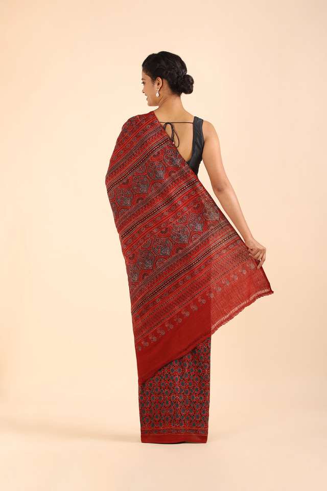Red Pure Khadi Cotton Ajrakh Printed Saree thumbnail image number null