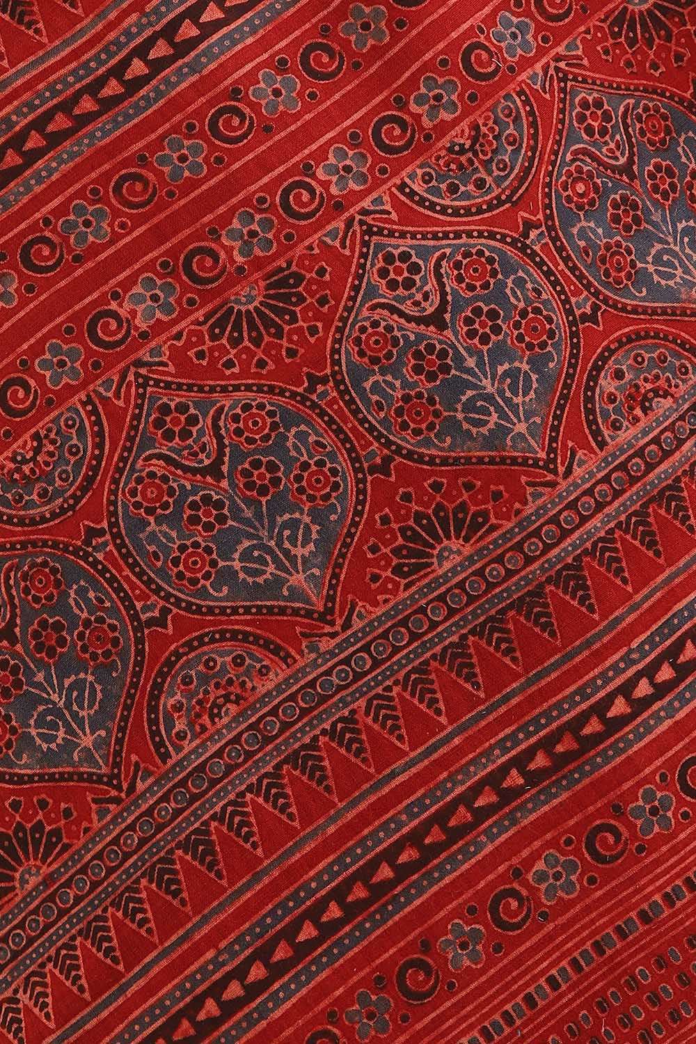 Red Pure Khadi Cotton Ajrakh Printed Saree image number null