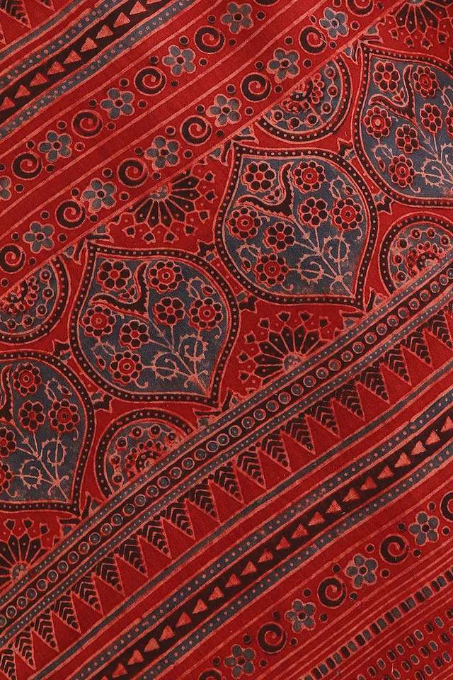 Red Pure Khadi Cotton Ajrakh Printed Saree thumbnail image number null