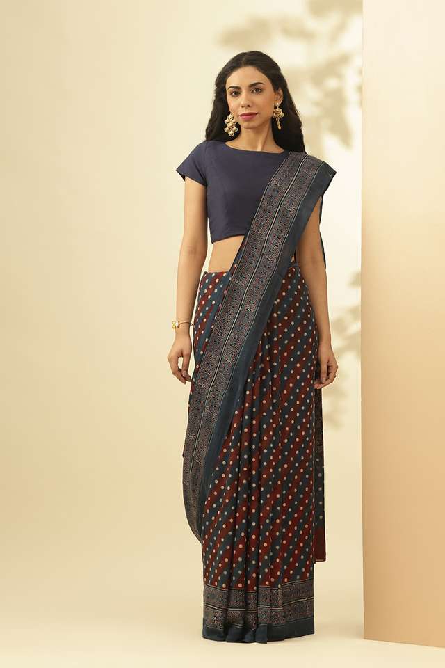 Blue Gujarat Pure Silk Cotton Ajrakh Saree image number