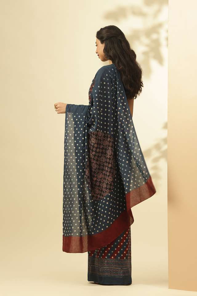 Blue Gujarat Pure Silk Cotton Ajrakh Saree thumbnail image number null