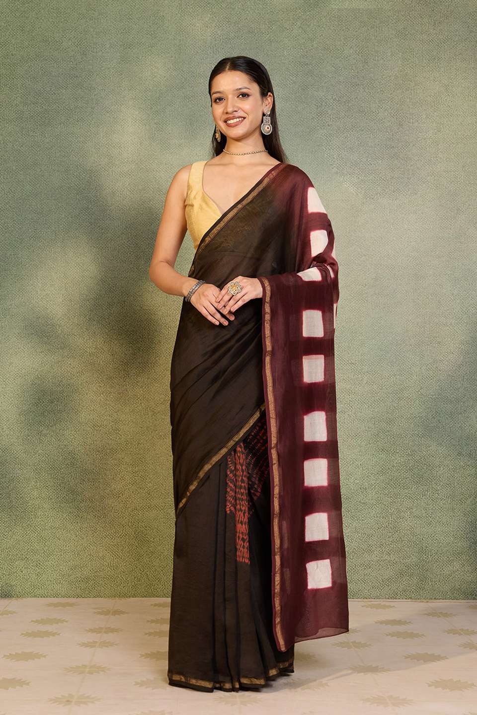 Black Pure Silk Cotton Clamp Dye Saree