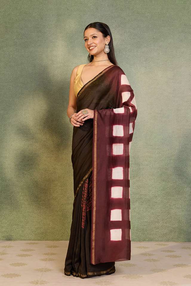 Black Pure Silk Cotton Clamp Dye Saree thumbnail image number null
