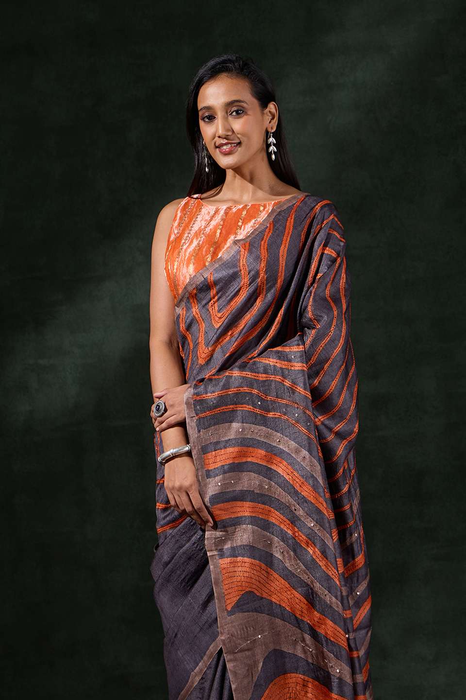 Brown Bengal Tussar Hand Painted Saree