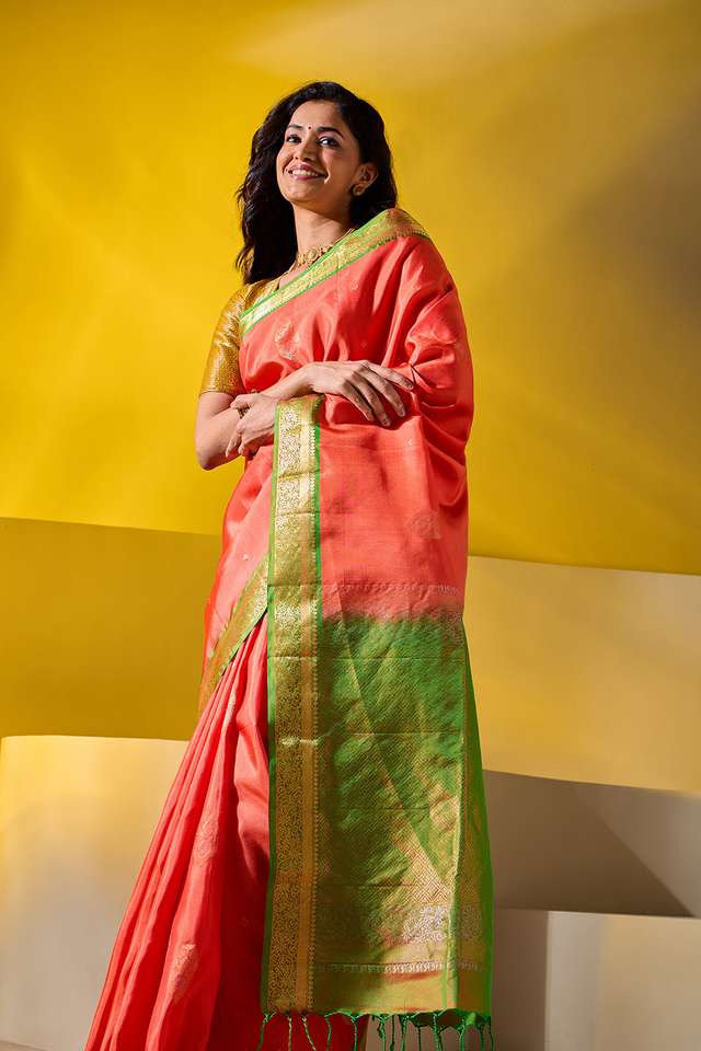 Orange Woven Pure Soft Silk Saree thumbnail image number null