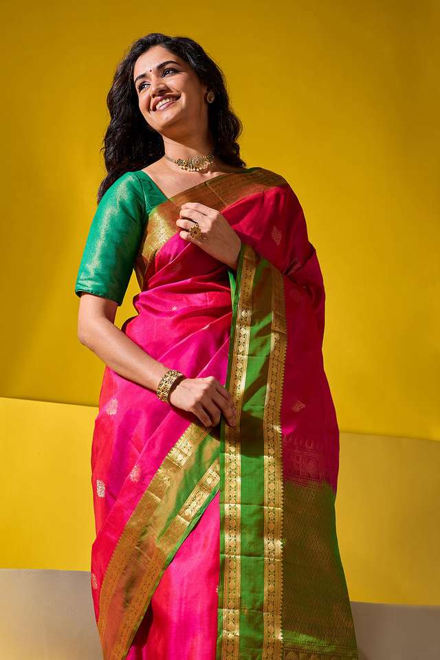 Dark Pink Woven Pure Soft Silk Saree image number