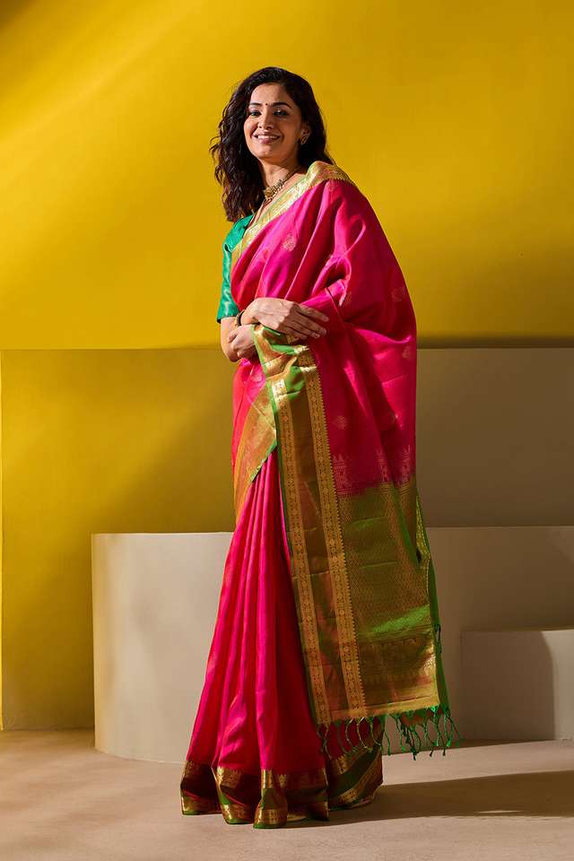 Dark Pink Woven Pure Soft Silk Saree thumbnail image number null