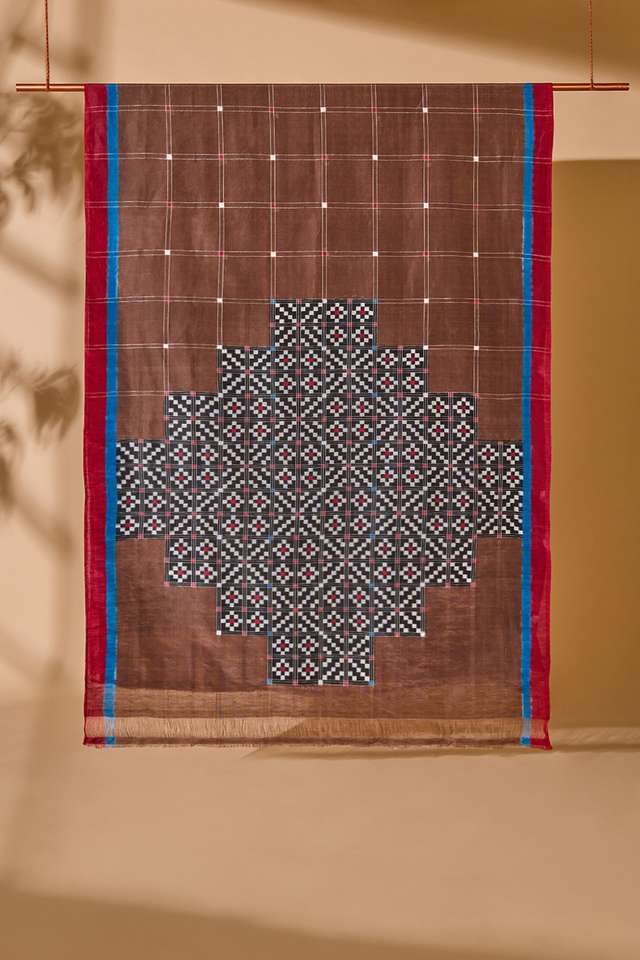 Brown Pochampalli Pure Silk Linen Ikat Saree thumbnail image number null
